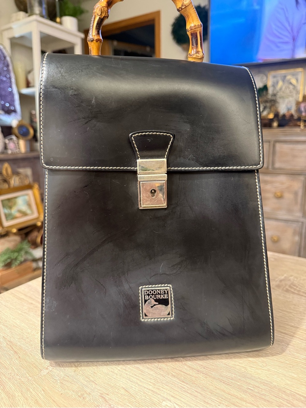 Dooney & Bourke Black Leather Backpack with Bamboo Top
